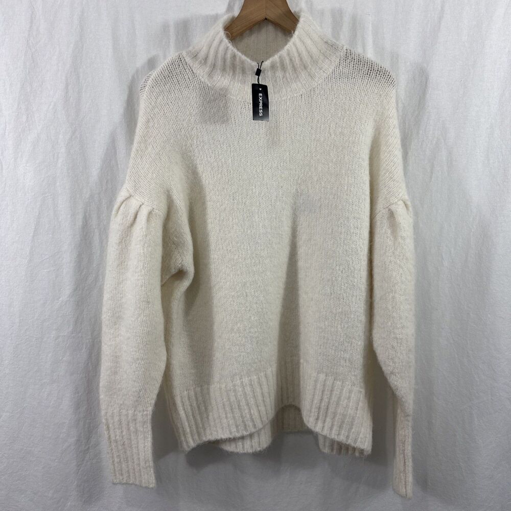 Express Ivory Fuzzy Soft Turtleneck Tunic Sweater Womens Sz M Minimalist Fall
